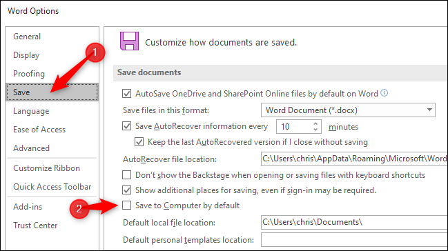 Saving documents to the local computer by default in Microsoft Word.