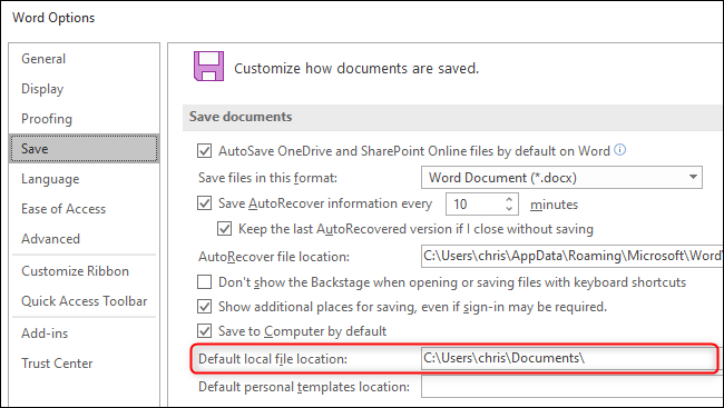 Choosing a default save folder for documents in Microsoft Word.