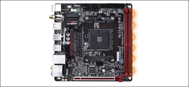 A bare Mini-ITX motherboard with two RAM slots and a single PCIEe slot.