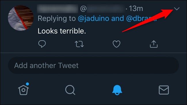 Twitter Mobile Hide Replies Click Down Arrow