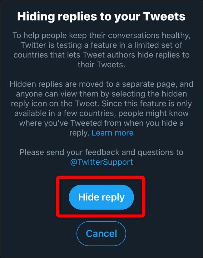 Twitter Mobile Hide Replies Pop-up Dialog