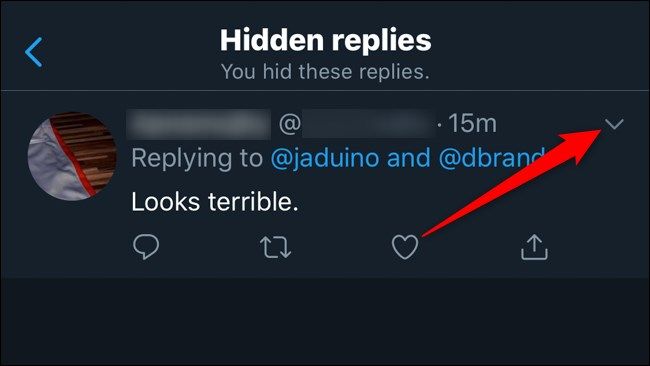 Twitter Mobile Unhide Replies Click Down Arrow