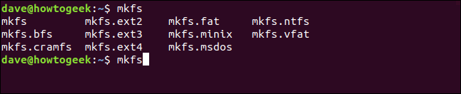 List of supported file systems in a terminal window