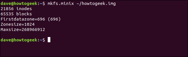 mkfs.minix ~/howtogeek.image in a terminal window