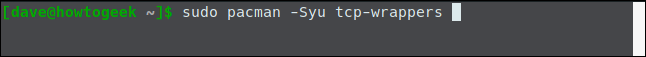sudo pacman -Syu tcp-wrappers in a terminal window