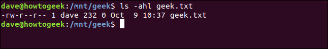 ls -ahl geek.txt in a terminal window