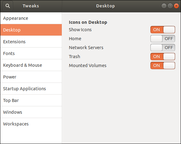 The desktop settings in the application window in Ubuntu 18.04