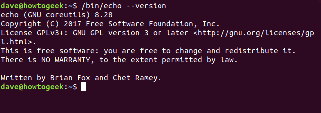 /bin/echo --version in a terminal window