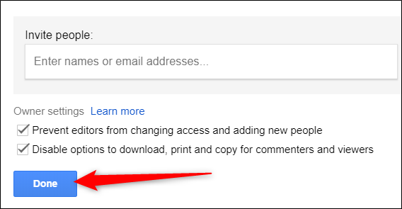 Click &quot;Done&quot; to close Share settings and return to Google Drive.