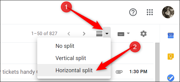 Click the new icon that appears in your inbox and choose either vertical or horizontal split.