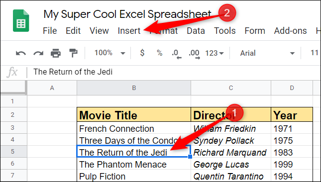 Highlight a cell that you want to insert a row or column next to, and then click &quot;Insert.&quot;