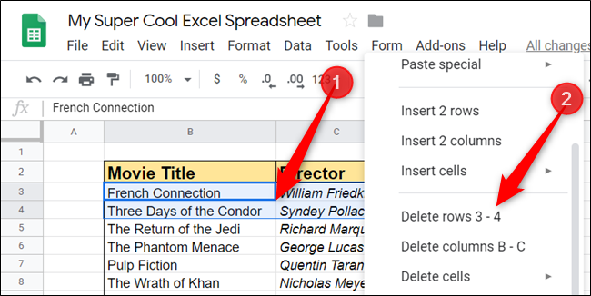 If you want to remove more than one row or column at a time, highlight as many cells as you want to remove, and then right-click on the selection to delete them.