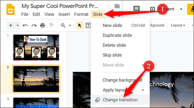 Click Slide &gt; Change transition to open the Transitions pane.