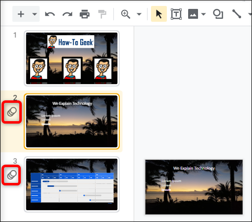 Slides that have an transition or animation will have a special icon next to the slide in the panel on the left side.