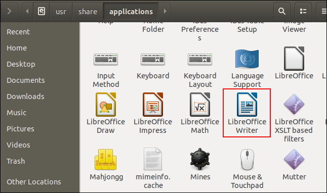 Files window showing LibreOffice Writer icon