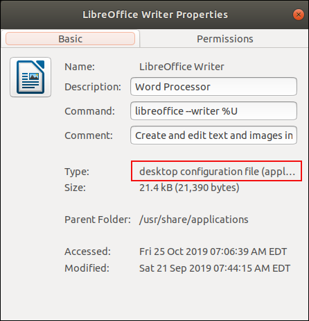 LibreOffice Writer .desktop file properties dialog.