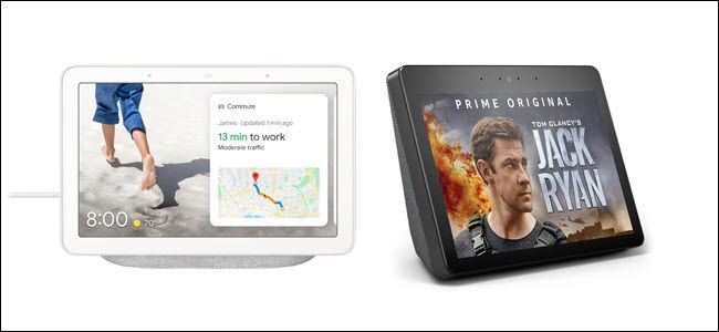 A Nest Home Hub next to an Amazon Echo Show