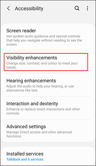 Tap Visibility enhancements in the Android accessibility menu