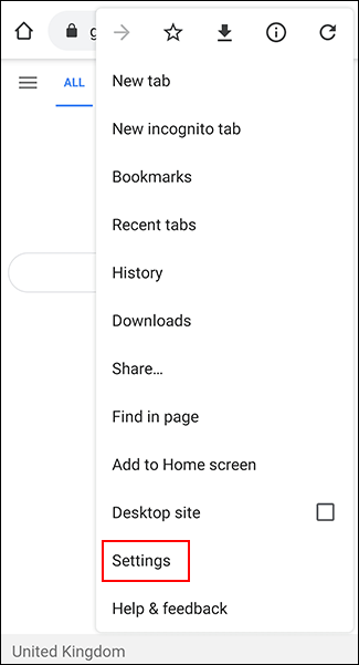 In Chrome's hamburger menu, tap settings