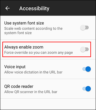 Tap always enable zoom in Firefox on Android's accessibility menu