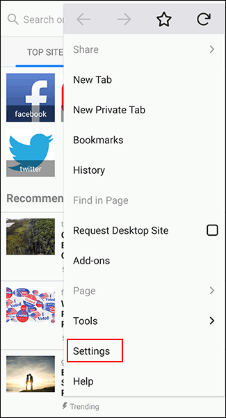In the Firefox menu on Android, tap the hamburger menu in the top-right