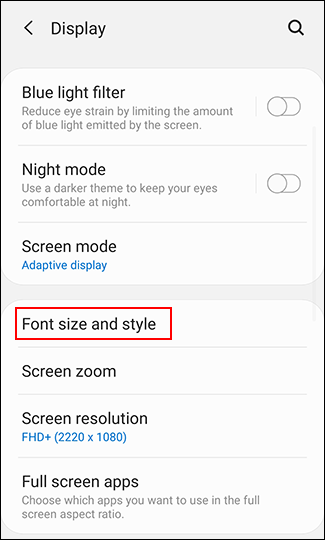 In the Display menu, tap Font size and style