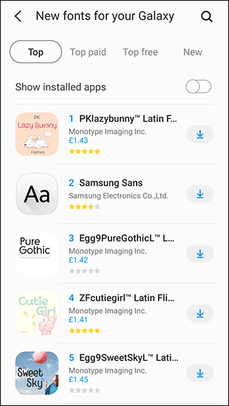 Download a third-party font in the Samsung Store