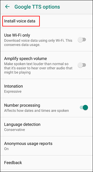 Tap Install voice data in the Google TTS options menu