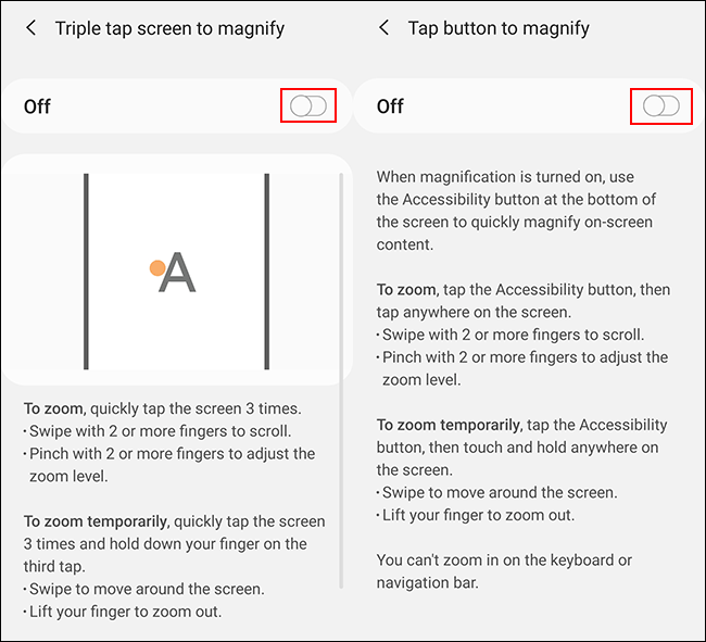Enable the various magnification options in the Android Magnification menu