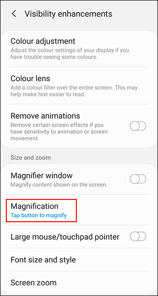 In the Visibility Enhancements menu, tap Magnification