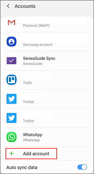 Tap Add account in the Android accounts list