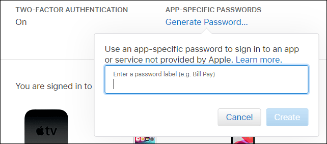 Type a description for your app-specific password and click create