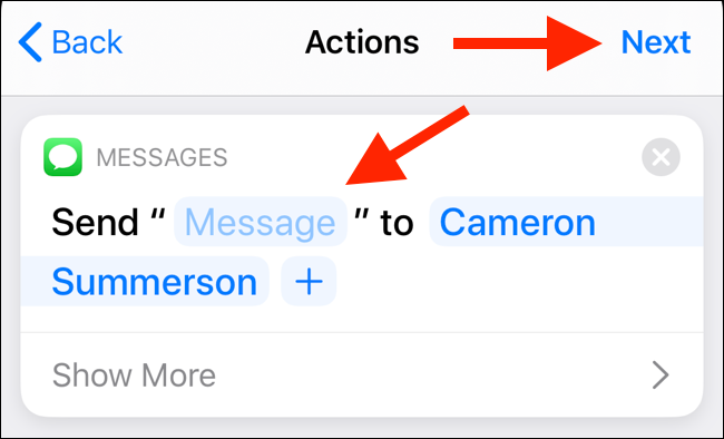 Customize the action and then tap on Next