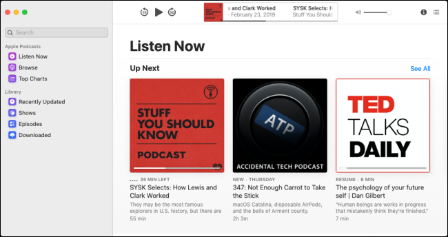 Listen Now section in Podcasts app