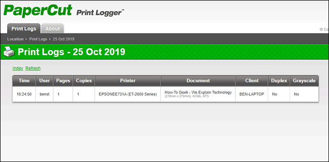 An example of a print log within the PaperCut Print Logger admin page