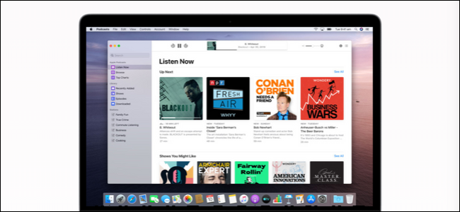 Podcasts app shown on a MacBook running macOS Catalina