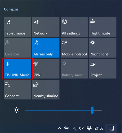 Tap the Windows Action Center icon in the taskbar, then tap the Bluetooth tile to enable or disable it