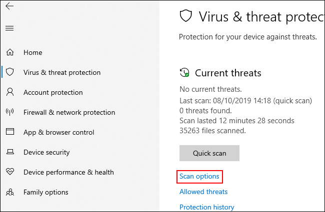 In the Virus and Threat Protection menu, click Scan Options