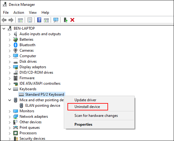 Right-click your keyboard or mouse in the Windows Device Manager, then click Uninstall Device