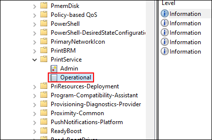 In Event Viewer, click PrintService, then click Operational