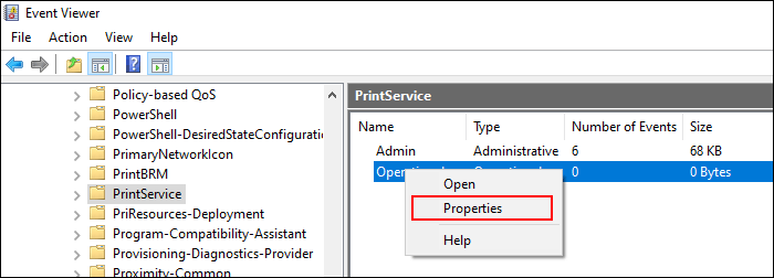 In PrintServices category, right-click the Operational setting, then click Properties
