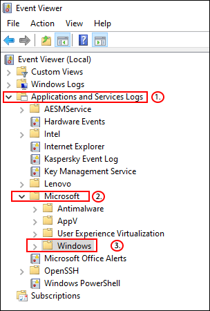 In Event Viewer, click Applications and Services Logs &gt; Microsoft &gt; Windows.