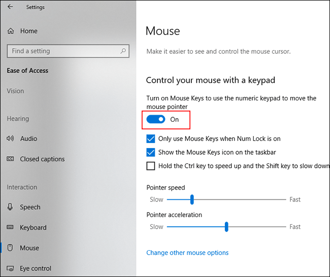 In the Mouse section of the Windows Ease of Access menu, click the slider to enable MouseKeys