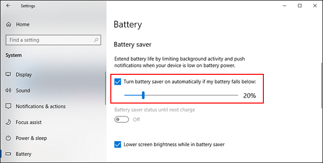 Head to the Battery menu in the Windows System Settings menu, then alter the Battery saver slider below 20 percent