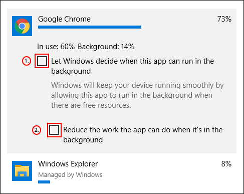 Tap on an entry in the Windows app power usage list, then uncheck the background power checkboxes