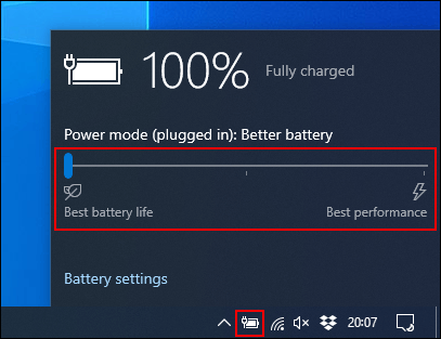 Click the battery icon in the Windows taskbar, then drag the slider from right to left