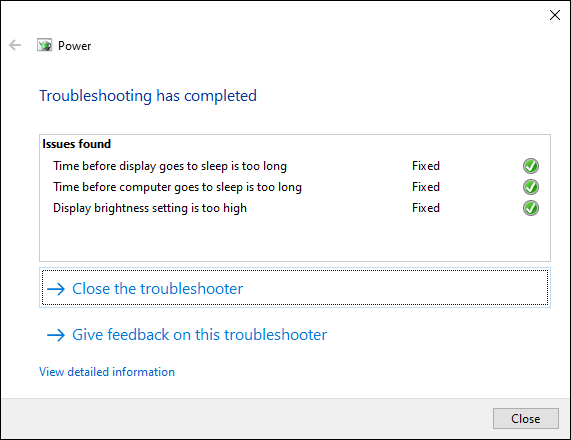 The Windows Troubleshooting tool, showing completed changes to Power settings