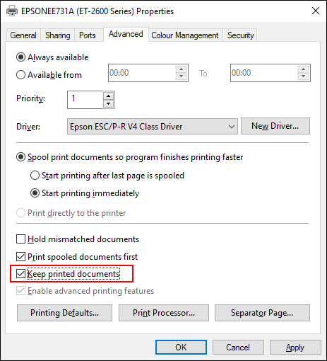 Click the advanced tab in your printer settings and enable the keep printed documents checkbox