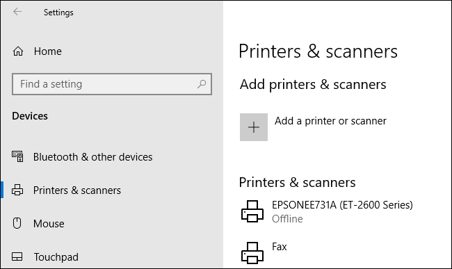Access your Windows printer settings by right-clicking your Start Menu button, clicking Settings, then Devices &gt; Printers &amp; Scanners