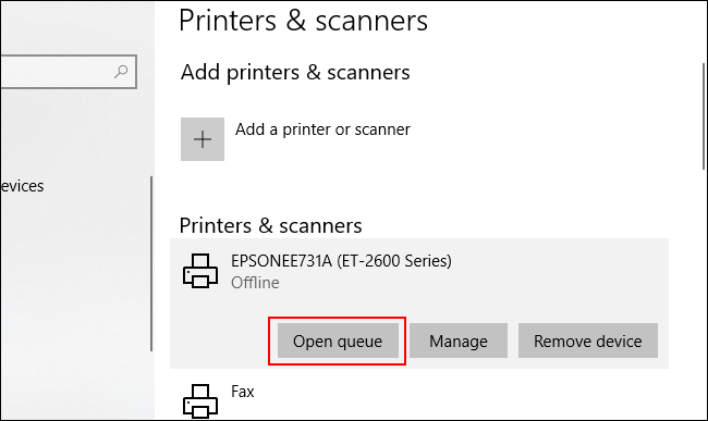 Click on your printer and click Open Queue to open the printer queue